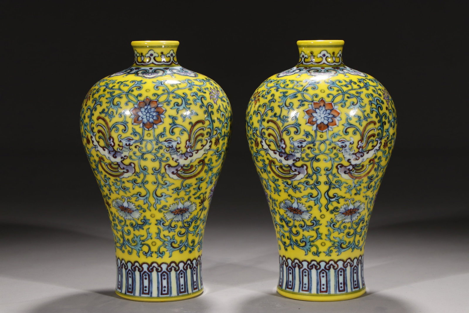 An Exquisite Chinese plum vase with flowers and colorful branches on yellow ground: Size: Height 22.8 cm - Width 14.2 cm |Materials: Porcelain |Style Dynasty: Qing dynasty |Inscription: Yongzheng Mark |Object: Chinese Antique