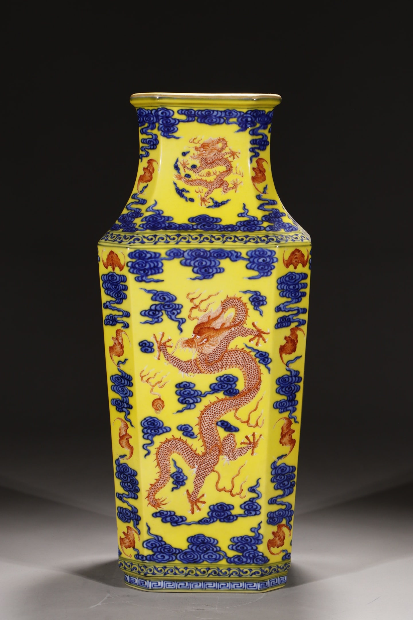 An Exquisite Chinese yellow ground blue and white sail with red dragon vase and eight directions: Size: Height 45.5 cm - Width 14.2 cm |Materials: Porcelain |Style Dynasty: Qing dynasty |Inscription: Yongzheng Mark |Object: Chinese Antique