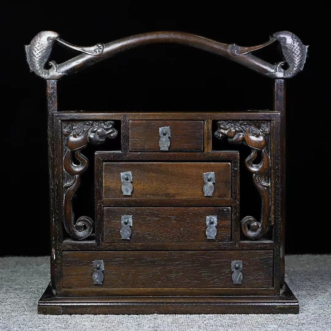 An Exquisite Chinese Rosewood carved Fugui Youyu handle box with four drawers: Size: Width 37.5 cm - Height 38 cm Materials: Rosewood Style Dynasty: Qing Dynasty Attributed: Qinalong Period Object: Chinese Antique