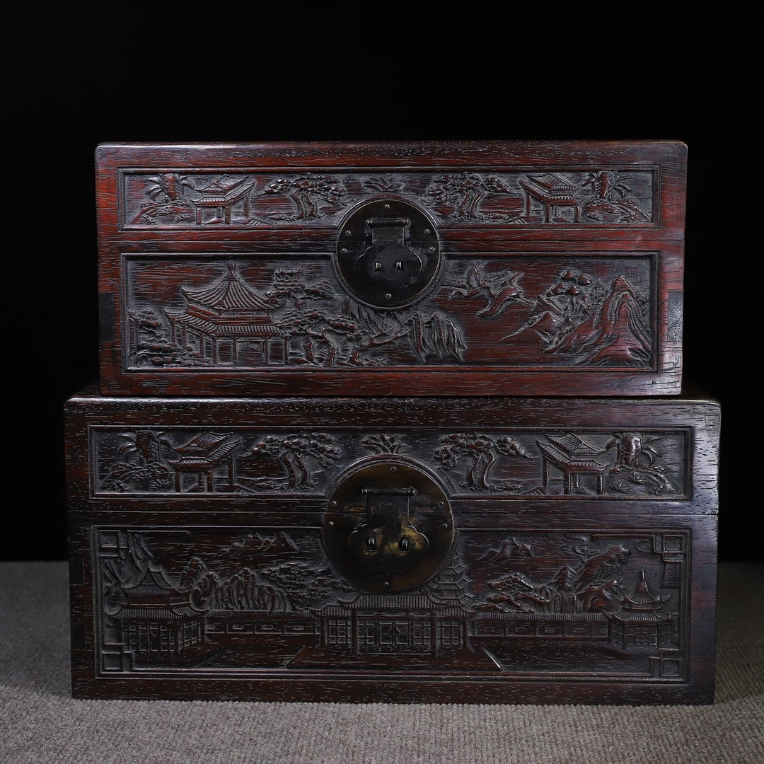 An Exquisite Chinese sandalwood A set of red carving box set: Size: Width 45 cm - Height 22 cm Materials: Rosewood Style Dynasty: Qing Dynasty Attributed: Qinalong Period Object: Chinese Antique