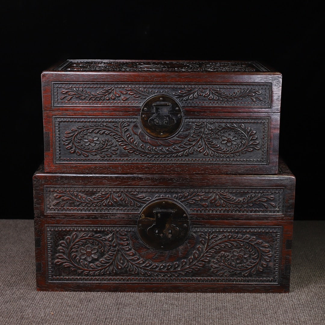 An Exquisite Chinese sandalwood A set of red carved flower pattern boxes (1 of 11)