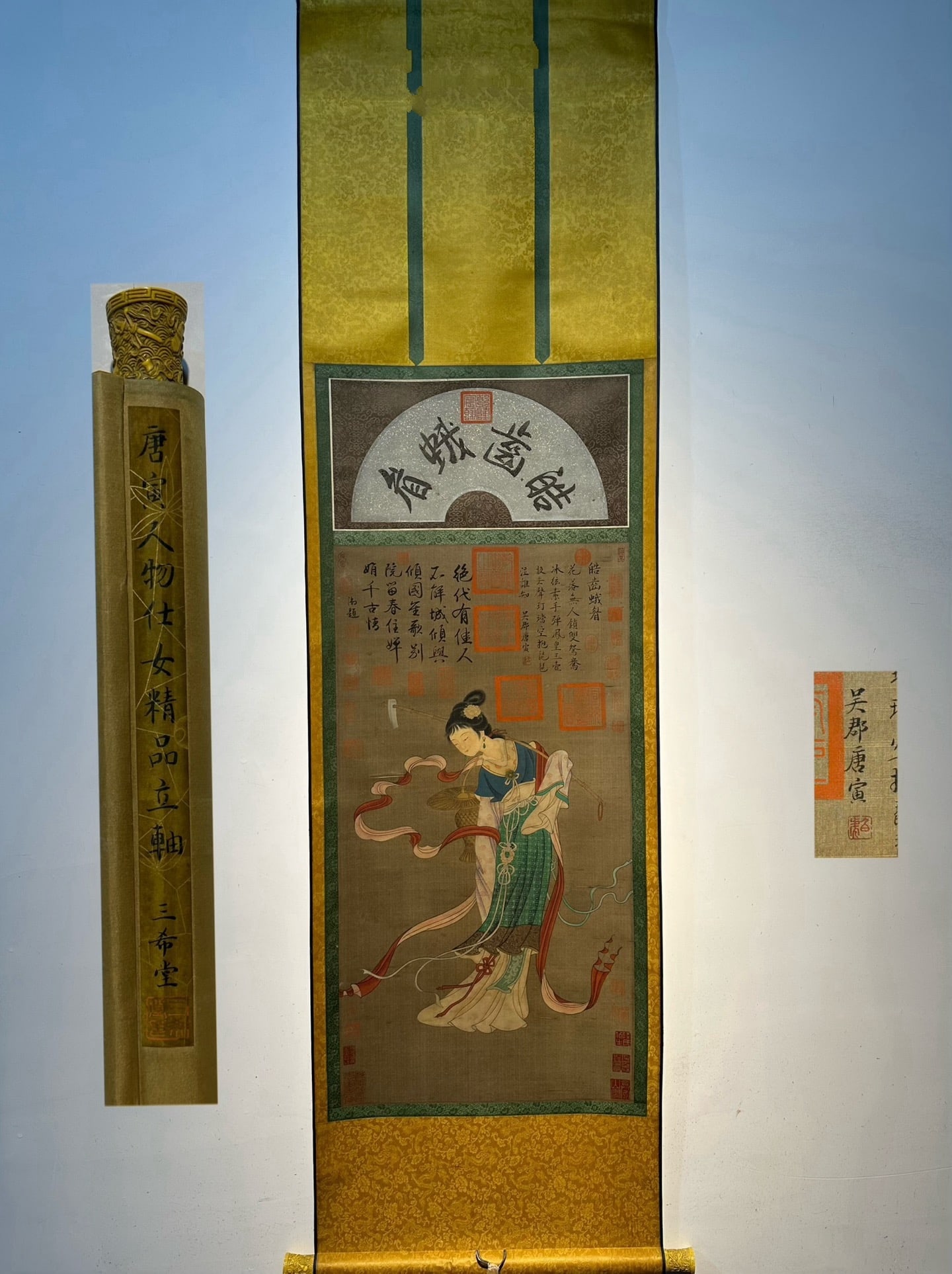 An Exquisite Chinese Scroll Hand Painting: Size: Height 126 cm - Width 51 cm |Materials: Silk and Paper |Style Dynasty: Ming Dynasty |Inscription: Tang Yin |Object: Chinese Antique |A fine hand-painted silk scroll painting of ladies by Tang Yi
