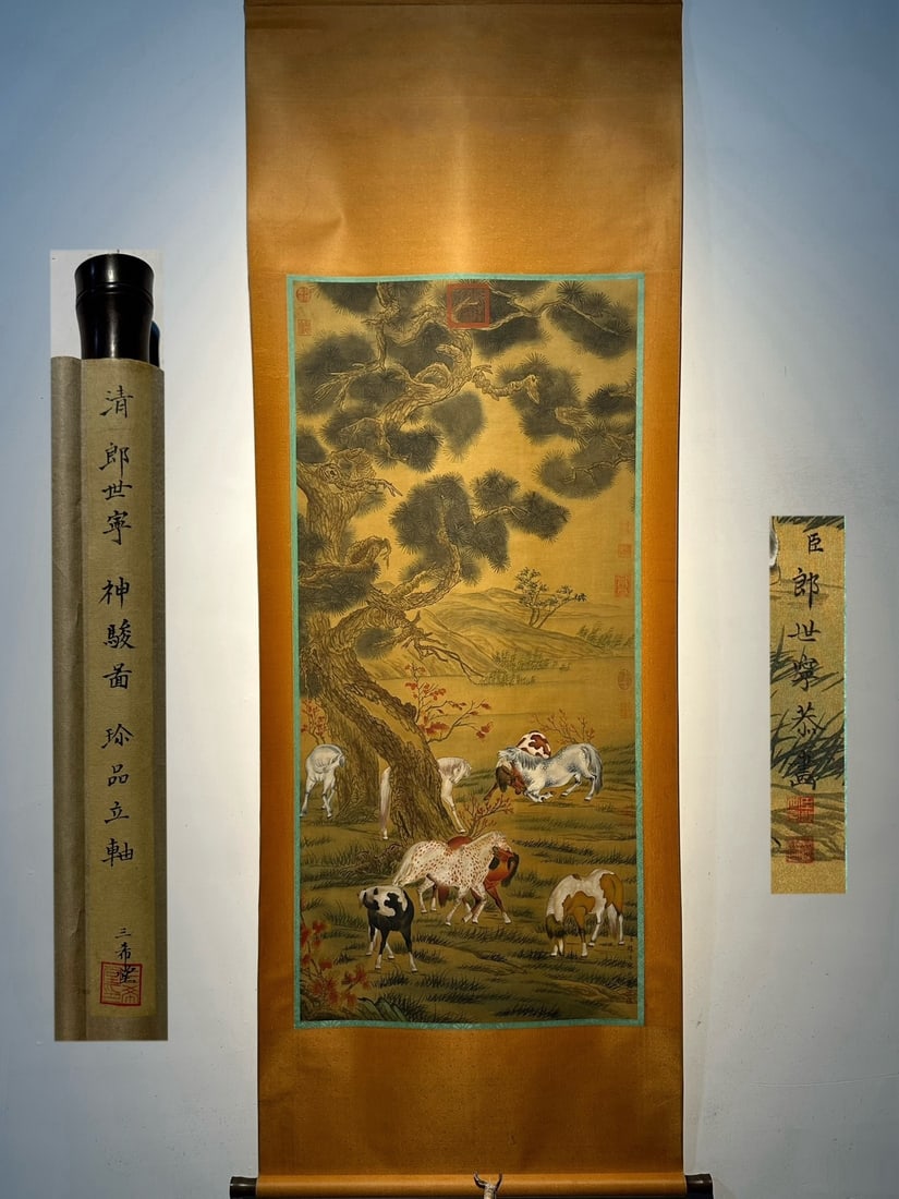 An Exquisite Chinese Scroll Hand Painting: Size: Height 140 cm - Width 65 cm |Materials: Silk and Paper |Style Dynasty: Qing Dynasty |Inscription: Giuseppe Castiglione |Object: Chinese Antique |*Painting of Divine Steeds* is a masterpiece hand
