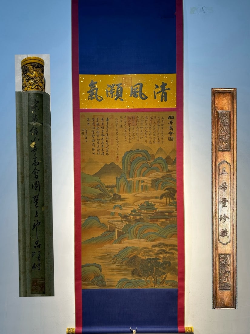 An Exquisite Chinese Scroll Hand Painting: Size: Height 150 cm - Width 70 cm |Materials: Silk and Paper |Style Dynasty: Song dynasty |Inscription: Emperor Huizong of Song |Object: Chinese Antique |A fine, hand-painted silk landscape masterpiec