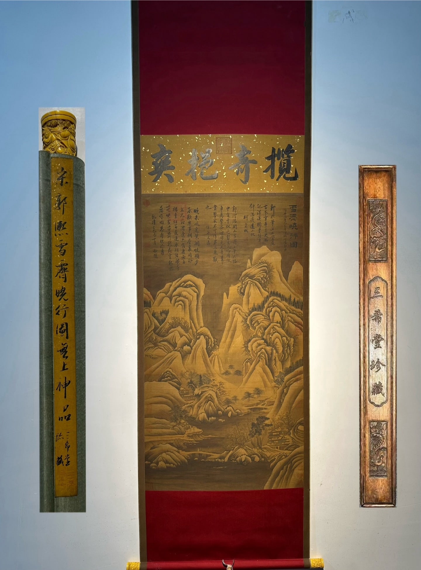 An Exquisite Chinese Scroll Hand Painting: Size: Height 152 cm - Width 69 cm |Materials: Silk and Paper |Style Dynasty: Song dynasty |Inscription: Guo Xi |Object: Chinese Antique |A fine, hand-painted silk landscape scroll by Guo Xi, titled *T