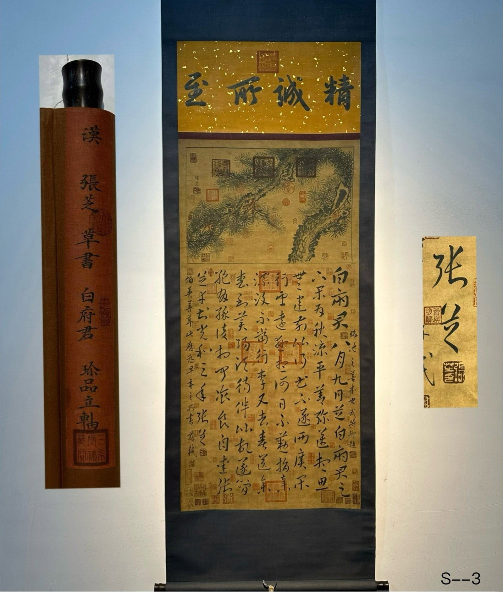 An Exquisite Chinese Scroll Hand Painting: Size: Height 173 cm - Width 67 cm |Materials: Silk and Paper |Style Dynasty: Han dynasty |Inscription: Zhang Zhi |Object: Chinese Antique |This exquisite hand-painted work on paper, the *Baifu Tie* (B