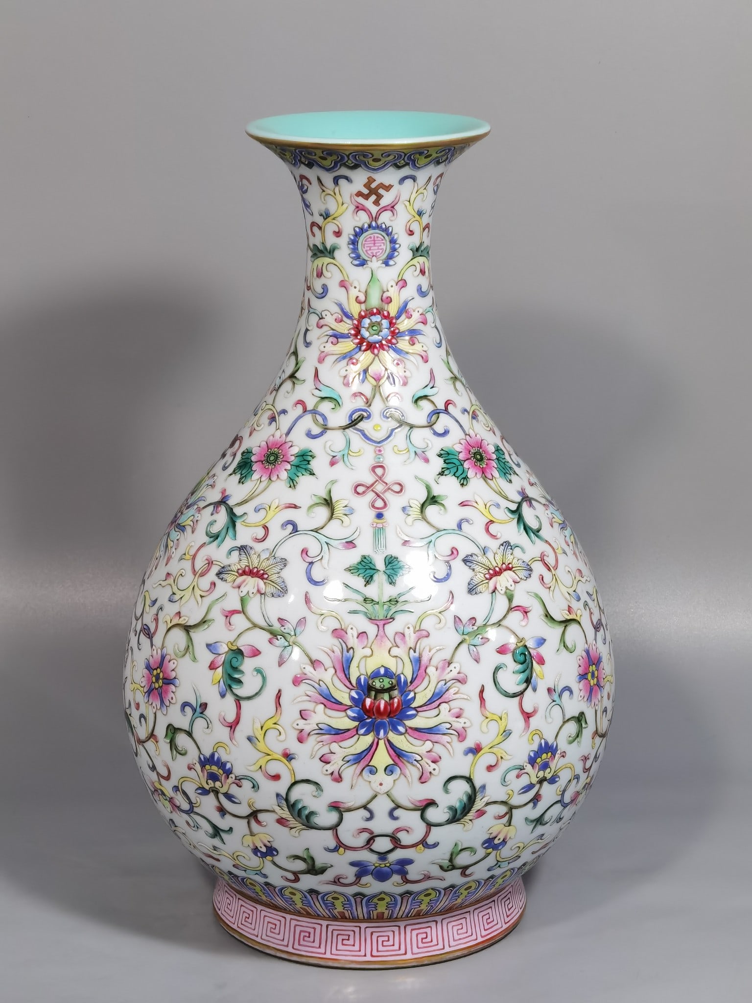 An Exquisite Chinese a white ground pastel color blessing and longevity lotus pattern jade pot: Size: Height 29.5 cm - Width 18 cm |Materials: Porcelain |Style Dynasty: Qing dynasty |Inscription: Qianlong Mark |Object: pot