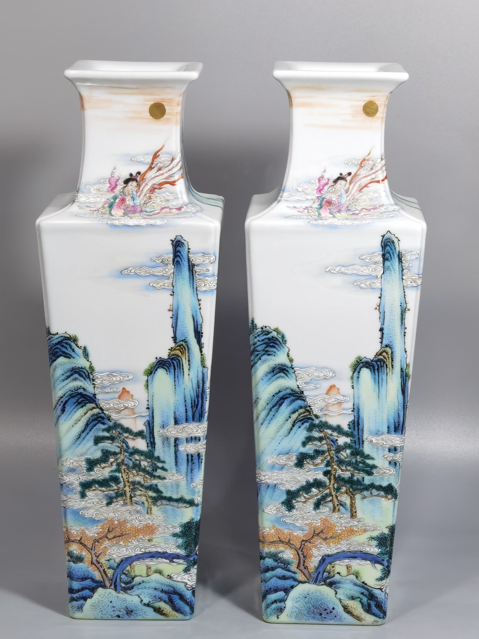 An Exquisite Chinese Pastel Fairy Landscape Square Vase: Size: Height 34.8 cm - Width 11 cm |Materials: Porcelain |Style Dynasty: Qing dynasty |Inscription: Qianlong Mark |Object: vase