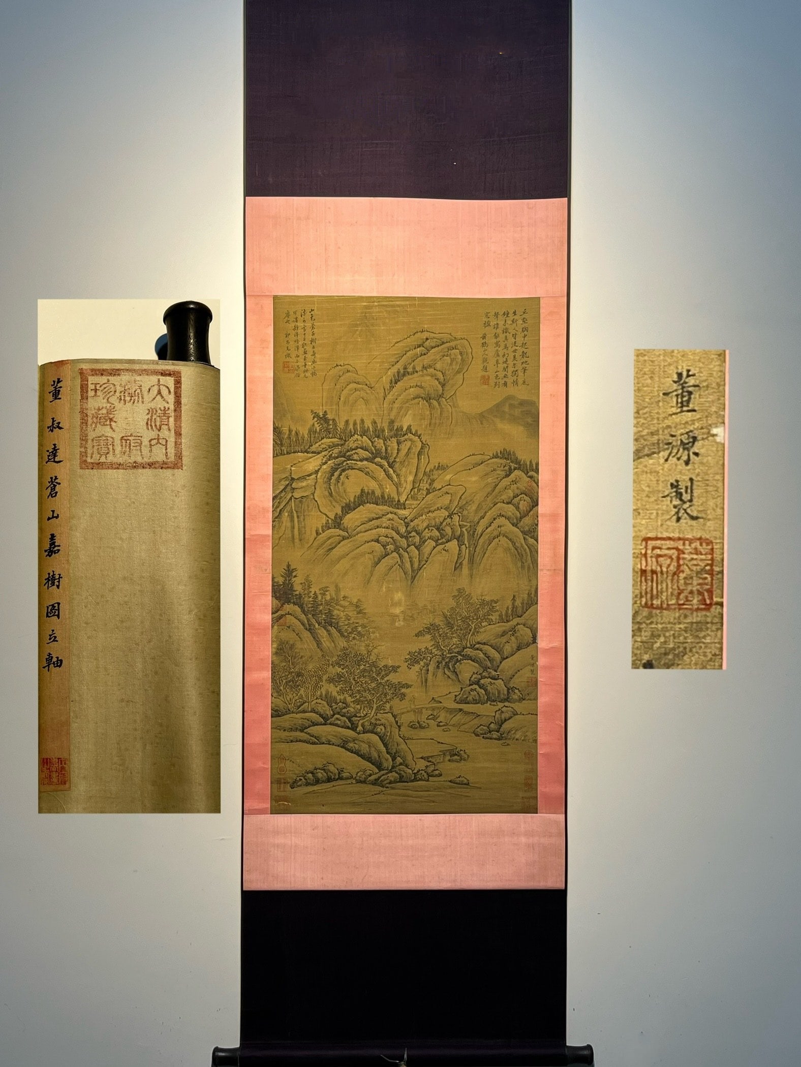 Chinese scroll painting Dong Yuan: Size: Height 95 cm - Width 49 cm |Materials: Silk and Paper |Style Dynasty: Five Dynasties |Inscription: Dong Yuan |Object: Scroll|Dong Yuan's exquisite hand-painted silk three foot landscape painting