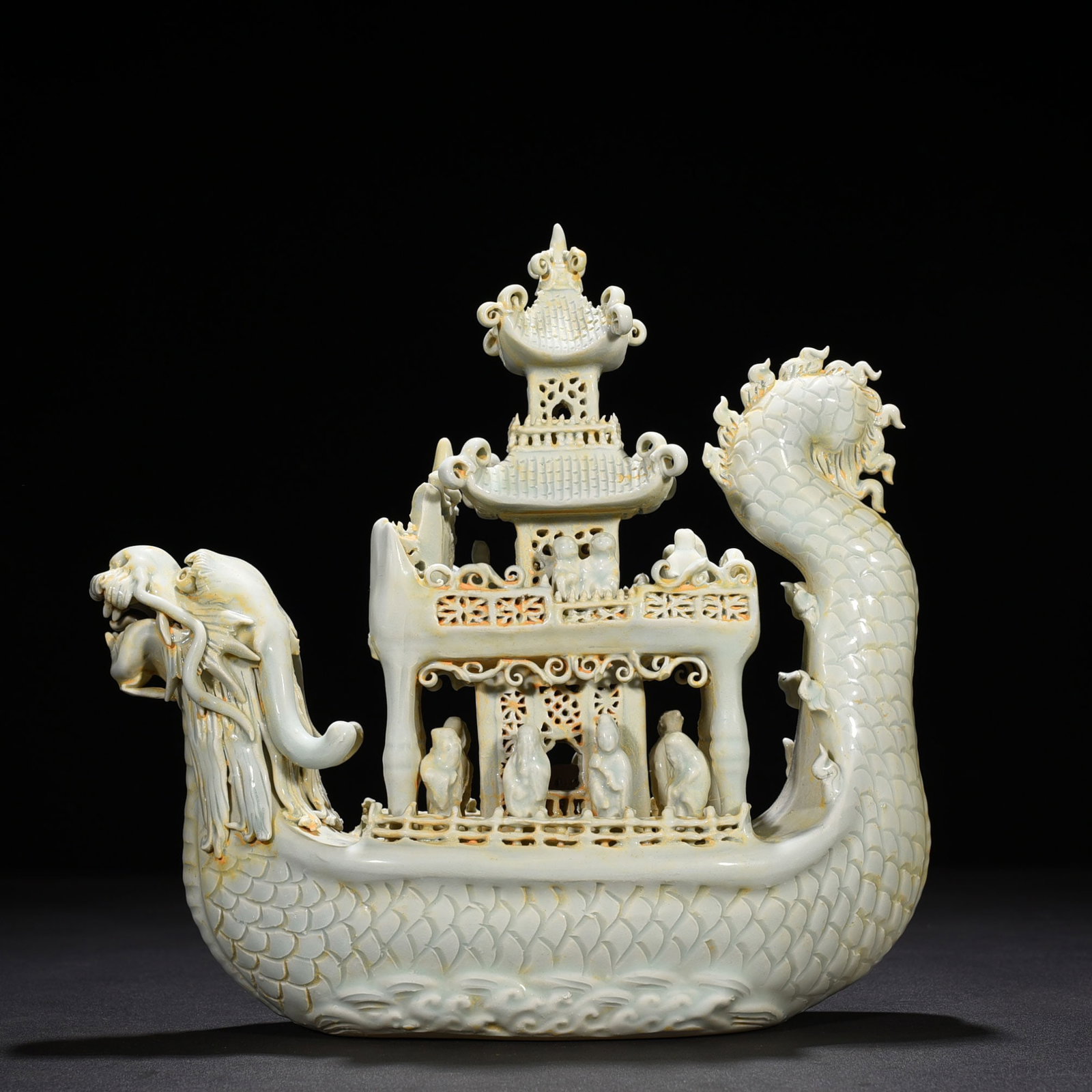 An Exquisite Chinese Hutian kiln shadow celadon eight immortals figure dragon boat: Size: Height 26 cm - Width 26 cm |Materials: Porcelain |Style Dynasty: Song Dynasty |Attribution: 10th-c |Object: boat