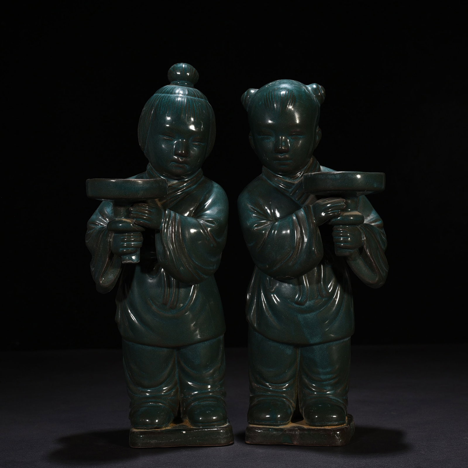 An Exquisite Chinese green glaze golden boy and jade girl candlestick (1 of 8)