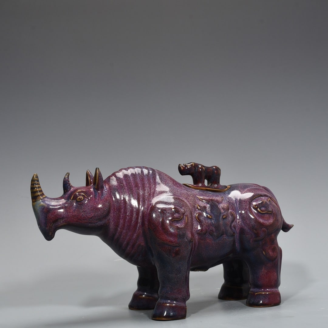 An Exquisite Chinese Jun Kiln Bagua Cave Imperial Rose Purple Glaze Rhinoceros Statue: Size: Height 34 cm - Width 20 cm |Materials: Porcelain |Style Dynasty: Song Dynasty |Attribution: 10th-c |Object: statue