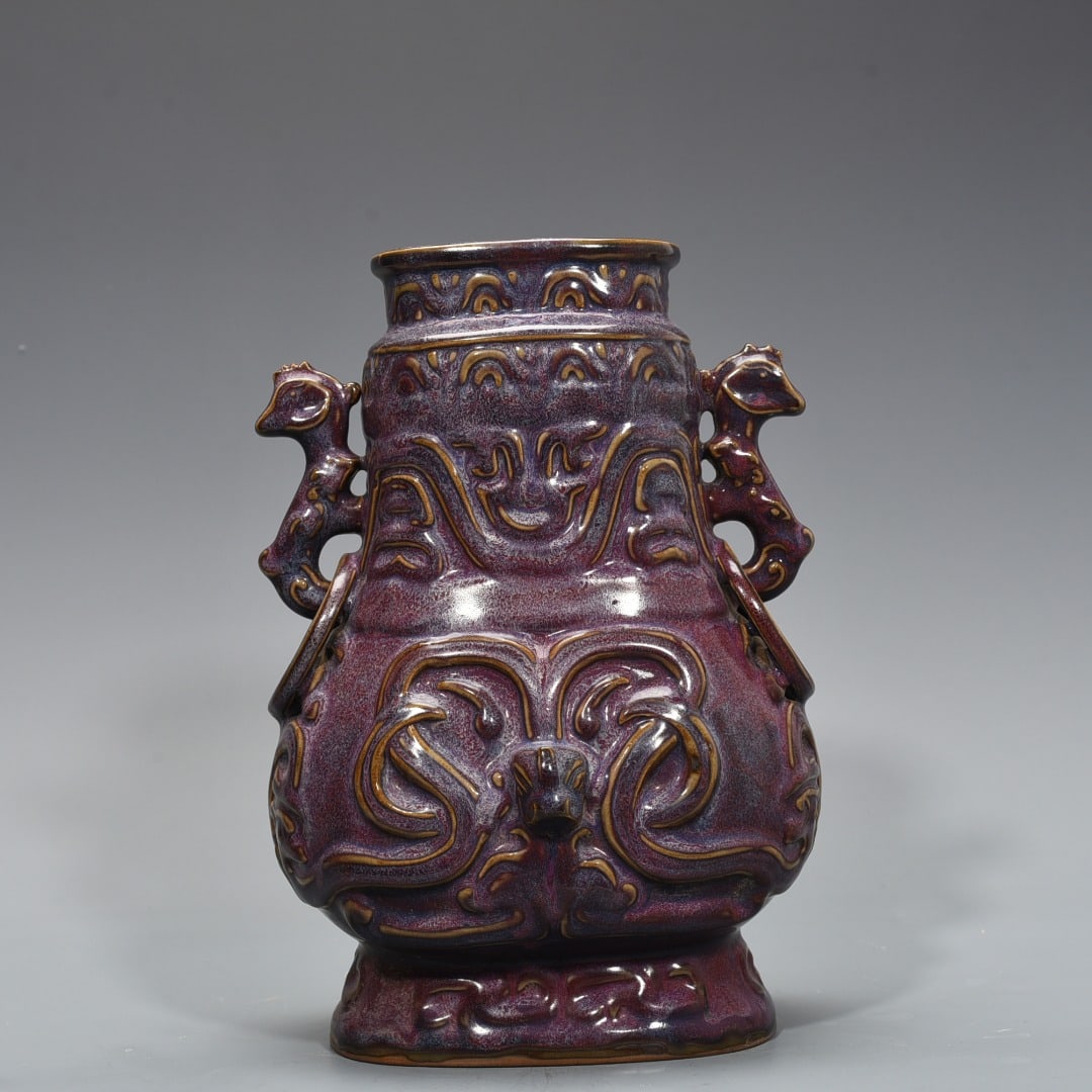 An Exquisite Chinese rose purple glaze engraved dragon pattern and phoenix ear statue: Size: Height 30 cm - Width 20 cm |Materials: Porcelain |Style Dynasty: Song Dynasty |Attribution: 10th-c |Object: statue