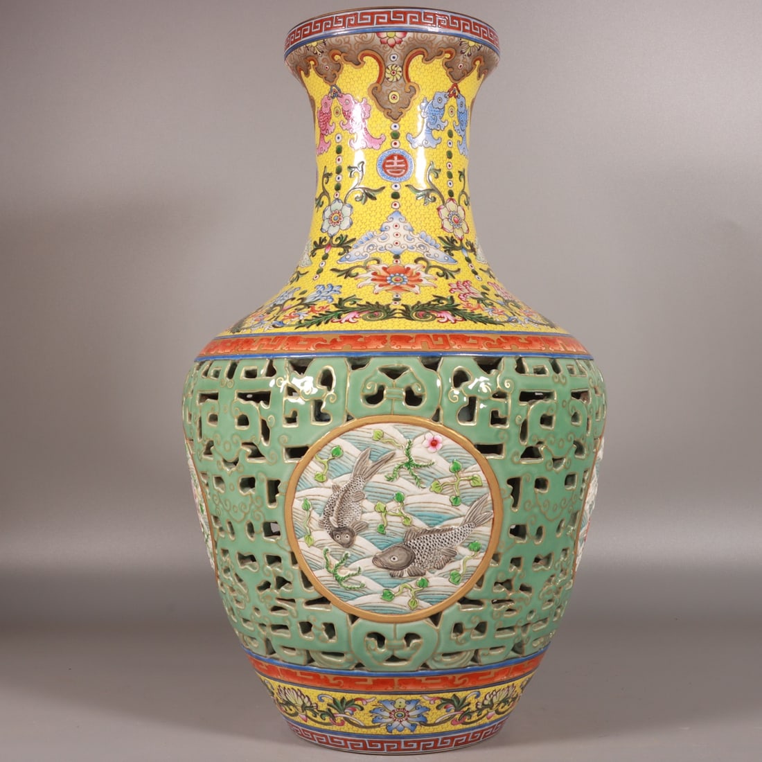 An Exquisite Chinese famille rose yellow ground bean green glaze hollow carved fish vase: Size: Height 42.3 cm - Width 26 cm |Materials: Porcelain |Style Dynasty: Qing dynasty |Inscription: Qianlong Mark |Object: vase
