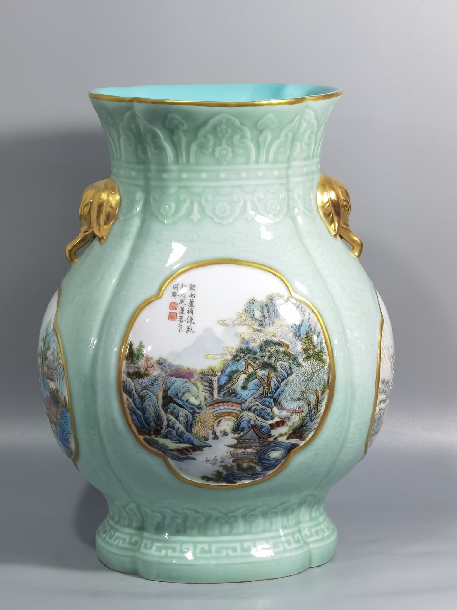 An Exquisite Chinese a pair of bean green glaze figures with elephant ears and begonia vases: Size: Height 36.3 cm - Width 28 cm |Materials: Porcelain |Style Dynasty: Qing dynasty |Inscription: Qianlong Mark |Object: vase