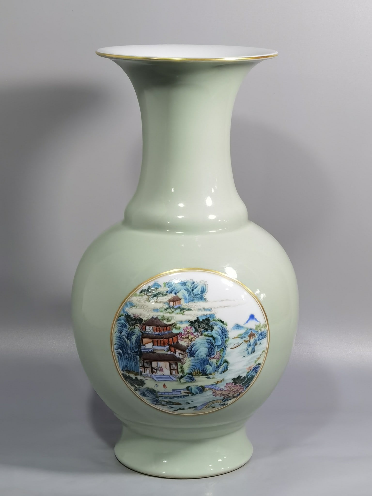 An Exquisite Chinese bean green glaze with window pastel landscape and figure skimming bottle: Size: Height 38.2 cm - Width 21 cm |Materials: Porcelain |Style Dynasty: Qing dynasty |Inscription: Qianlong Mark |Object: bottle