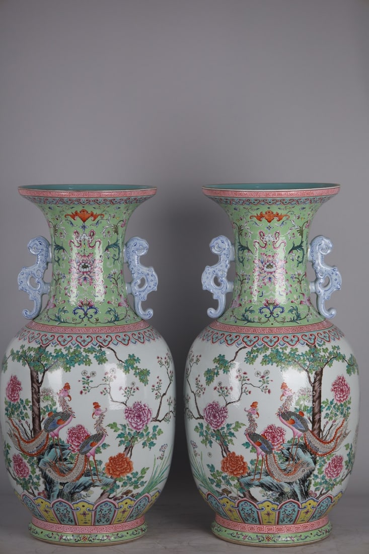 An Exquisite Chinese a pair of large phoenix peony amphorae with panoramic views of pastel vases (1 of 9)