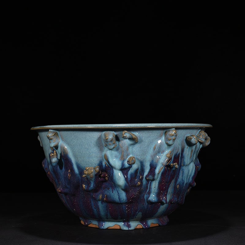 An Exquisite Chinese Jun kiln blue glaze clad Arhat figure flower pot (1 of 9)