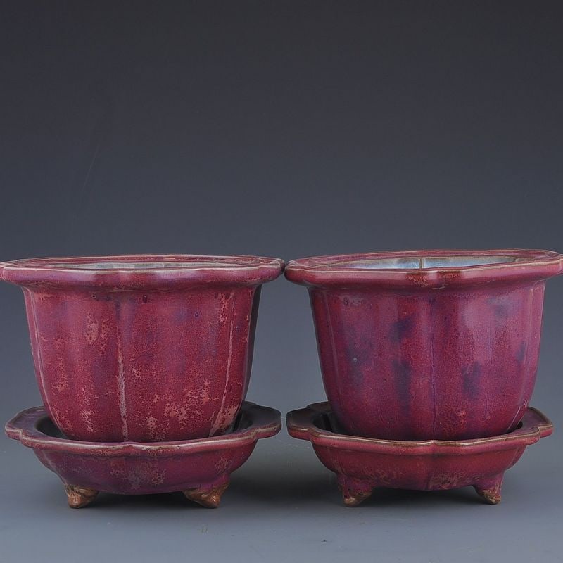 An Exquisite Chinese Jun kiln blue inside and outside red rose purple hexagonal flower pot: Size: Width 25 cm - Height 25 cm |Materials: Porcelain |Style Dynasty: Song dynasty |Attribution: 10th-c |Object: flowerpot
