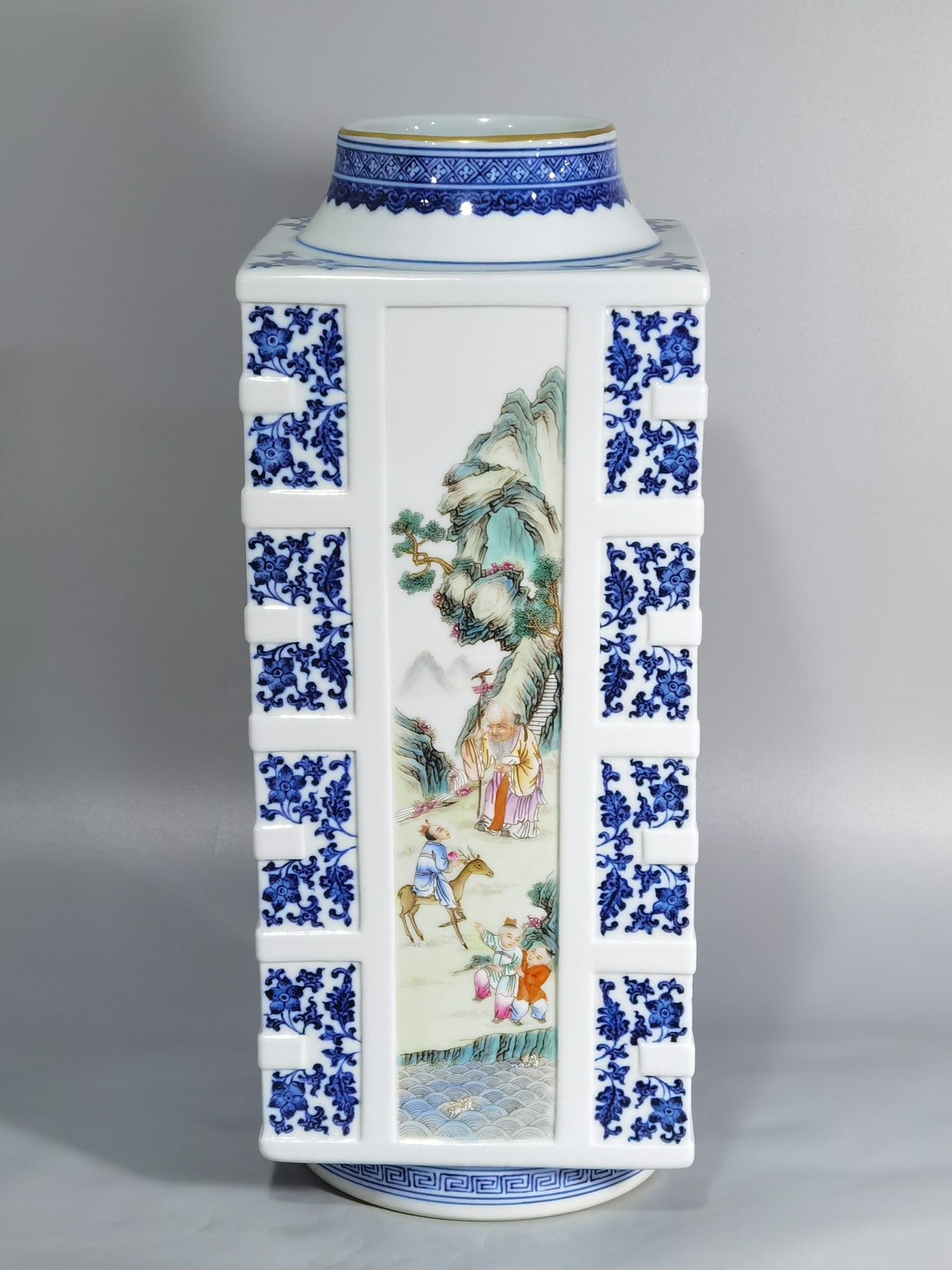 An Exquisite Chinese blue and white pastel color character story square vase (1 of 9)
