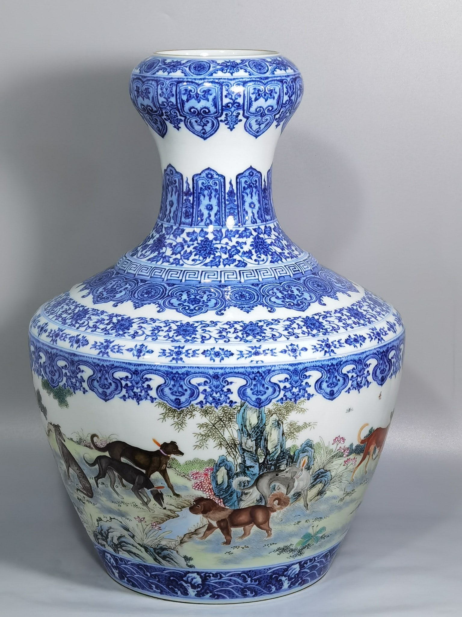 An Exquisite Chinese blue and white lotus pattern border pastel color garlic vase: Size: Height 43 cm - Width 31 cm |Materials: Porcelain |Style Dynasty: Qing dynasty |Inscription: Qianlong Mark |Object: vase