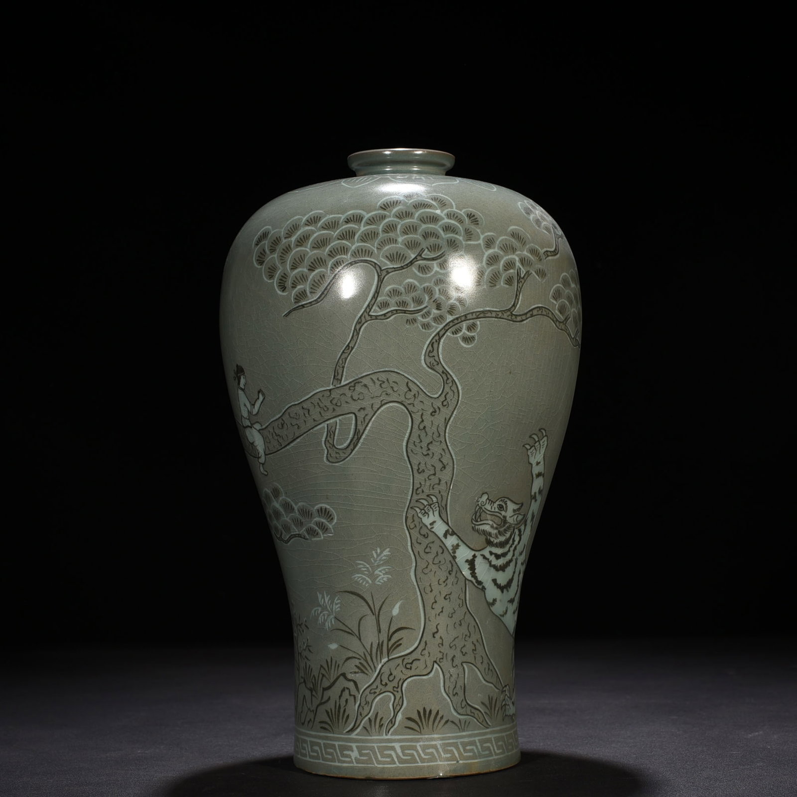 An Exquisite Chinese Gaoli inlaid celadon plum vase with tiger figure pattern: Size: Height 32 cm - Width 19 cm |Materials: Porcelain |Style Dynasty: Song dynasty |Attribution: 10th-c |Object: vase