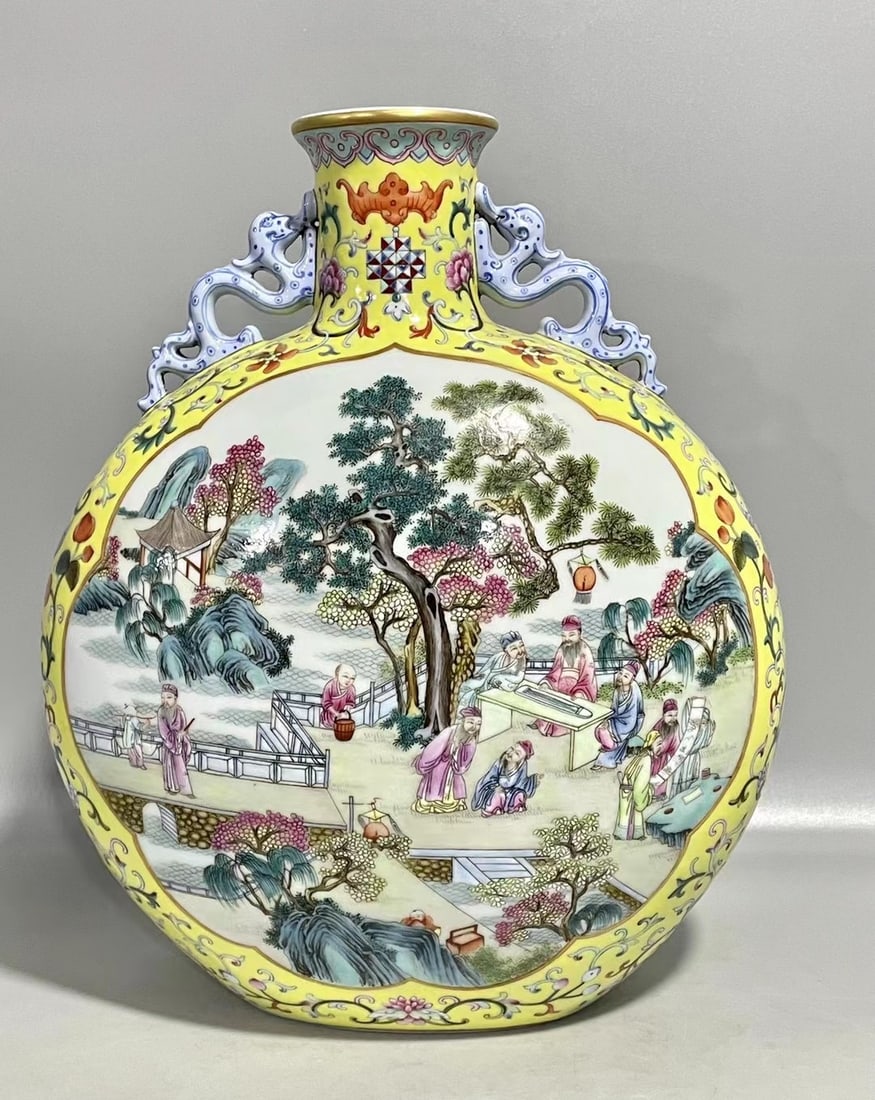 An Exquisite Chinese Yangcai yellow ground figure with two ears holding a moon vase: Size: Height 31 cm - Width 26.3 cm |Materials: Porcelain |Style Dynasty: Qing dynasty |Inscription: Qianlong Mark |Object: vase