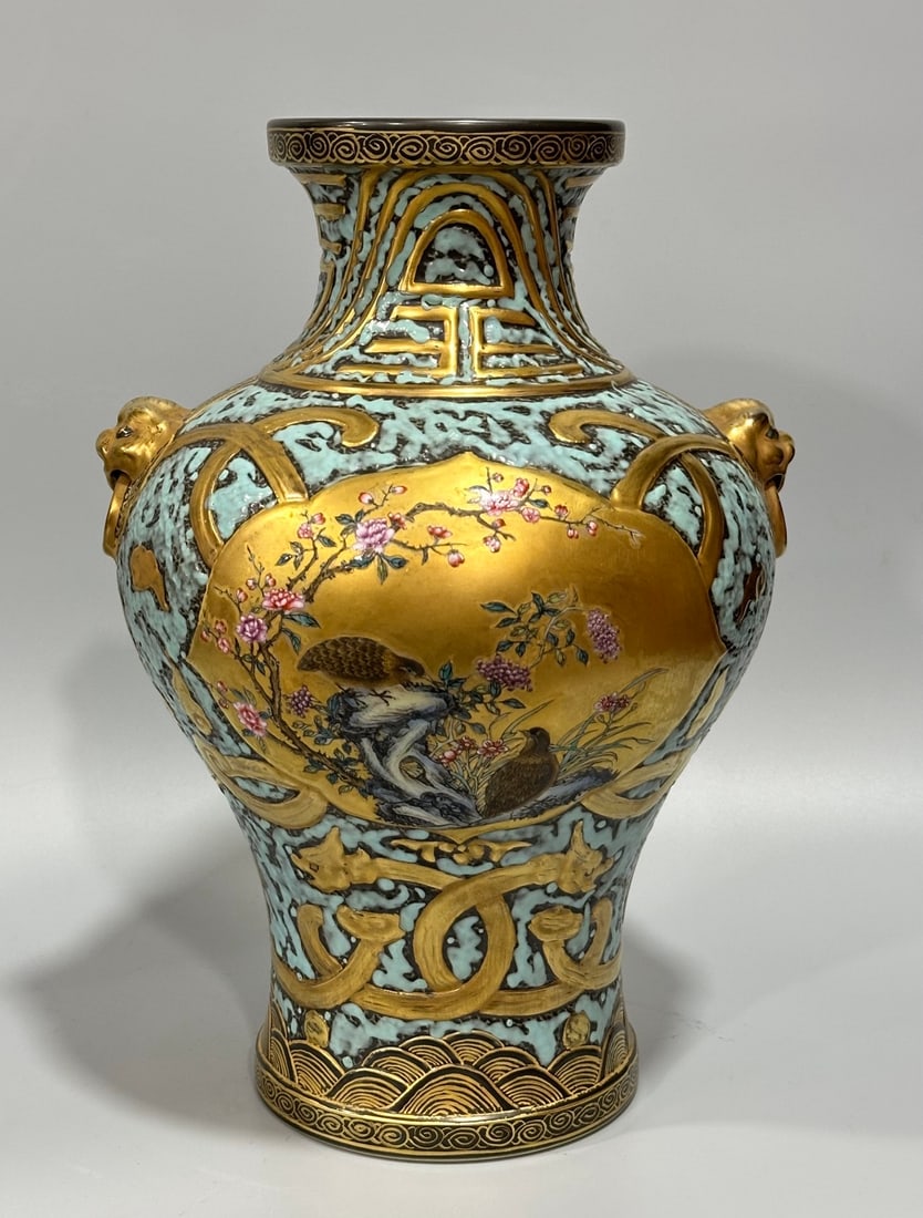 An Exquisite Chinese Bronze color carved amphora with gold dragon pattern: Size: Height 29 cm - Width 20 cm |Materials: Porcelain |Style Dynasty: Qing dynasty |Inscription: Qianlong Mark |Object: amphora
