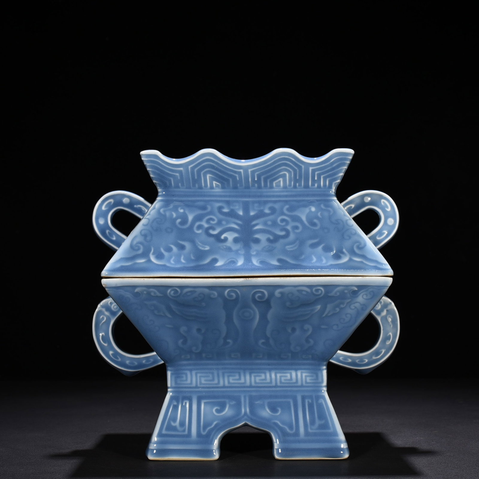 An Exquisite Chinese sky blue glaze engraved Kui phoenix pattern statue: Size: Height 27 cm - Width 26 cm |Materials: Porcelain |Style Dynasty: Qing dynasty |Inscription: Qianlong Mark |Object: statue