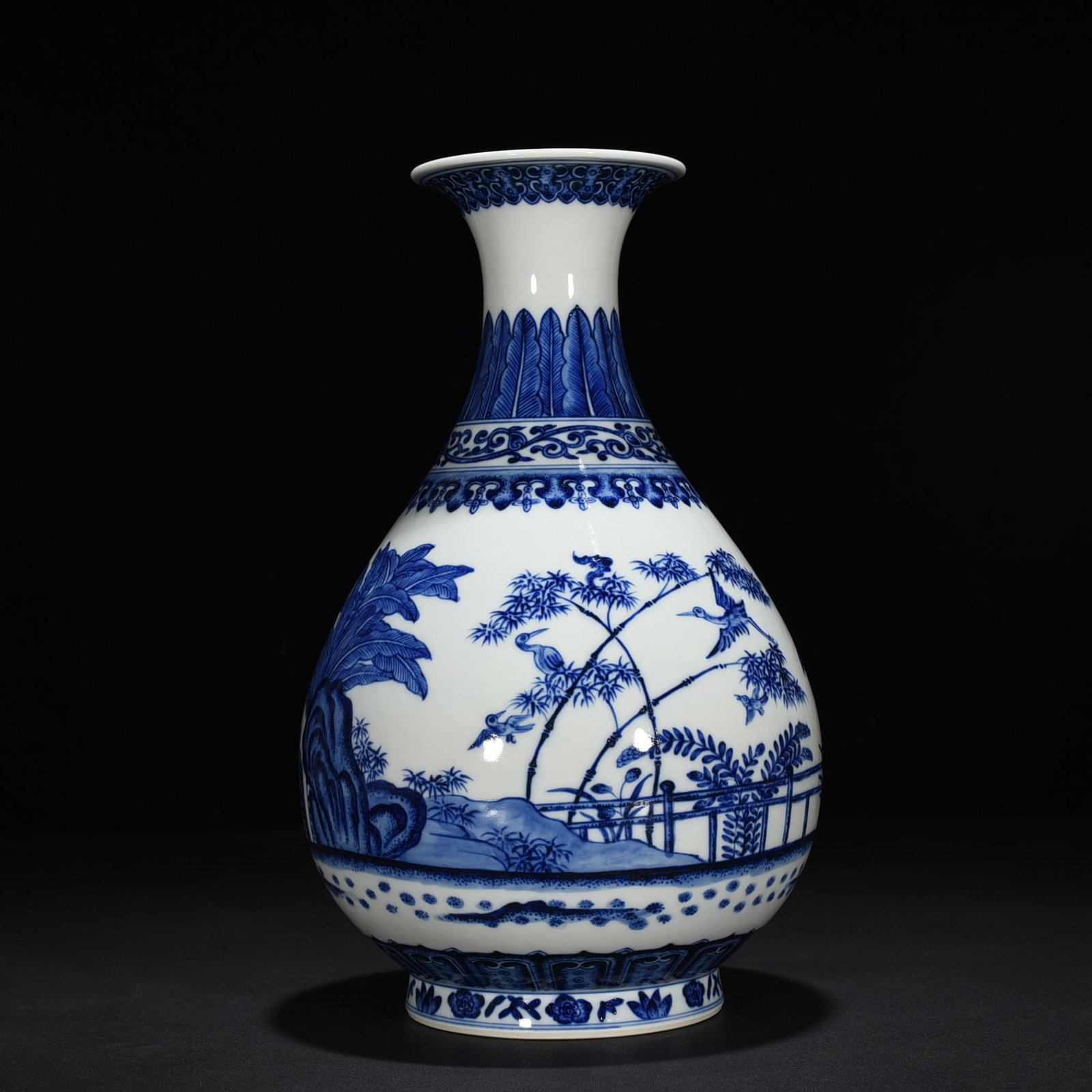 An Exquisite Chinese blue and white courtyard bamboo stone banana pattern jade pot spring vase: Size: Height 35 cm - Width 22 cm |Materials: Porcelain |Dynasty: Qing dynasty |Inscription: Qianlong Mark |Object: vase