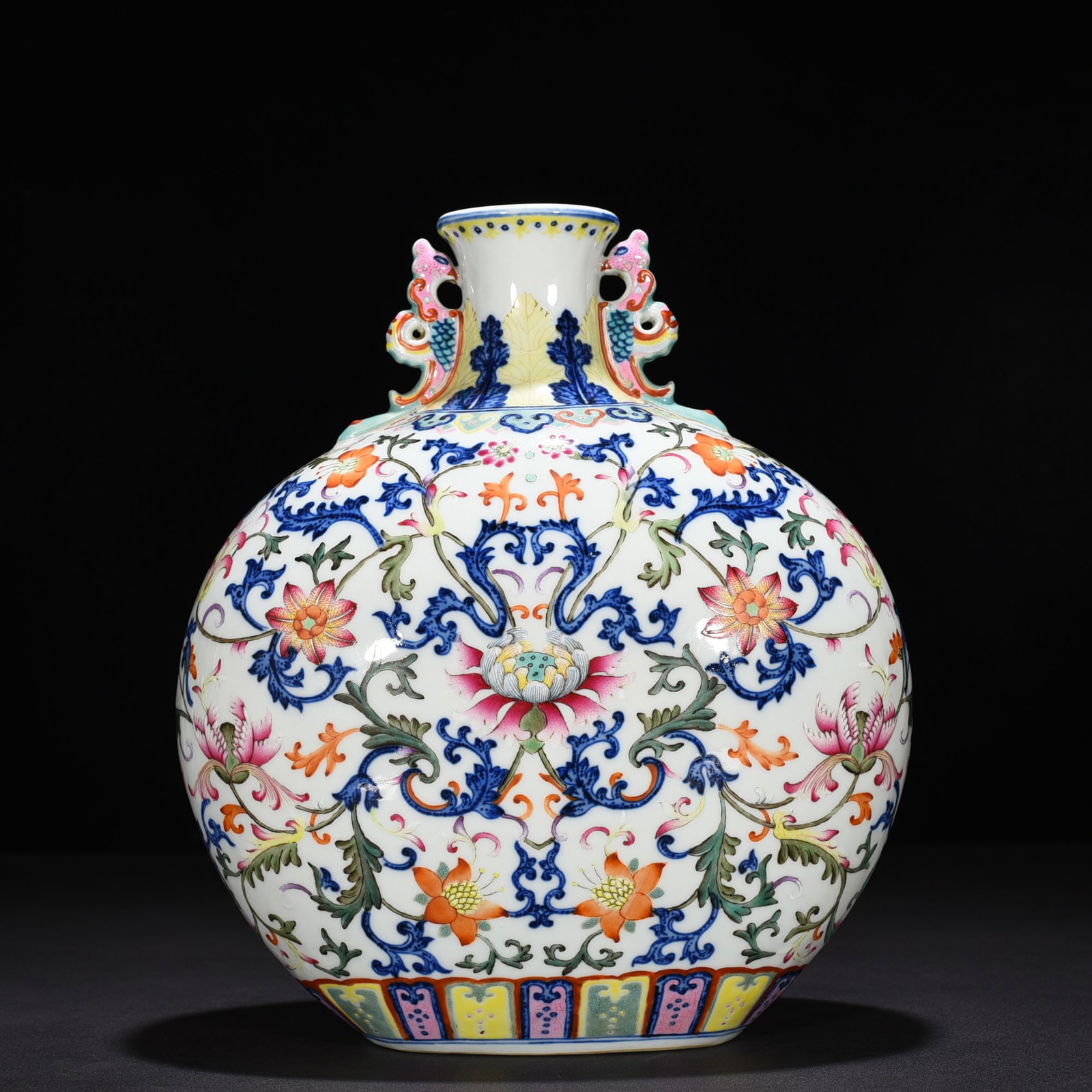 An Exquisite Chinese blue and white doucai flat vase: Size: Height 30 cm - Width 25 cm |Materials: Porcelain |Dynasty: Qing dynasty |Inscription: Qianlong Mark |Object: flat vase