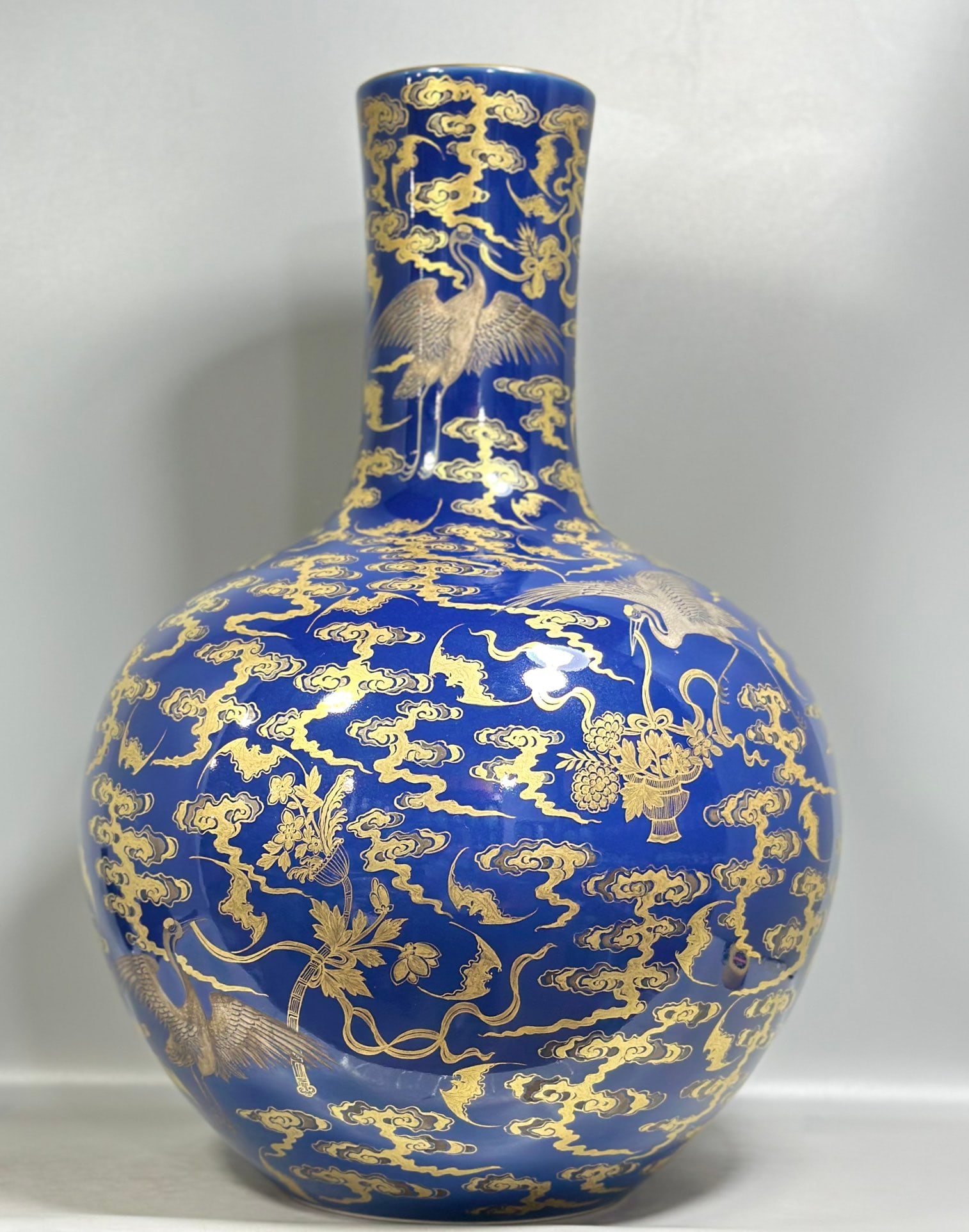 An Exquisite Chinese Pastel blue glazed gold and silver celestial sphere vase: Size: Height 55 cm - Width 37 cm |Materials: Porcelain |Dynasty: Qing dynasty |Inscription: Qianlong Mark |Object: vase