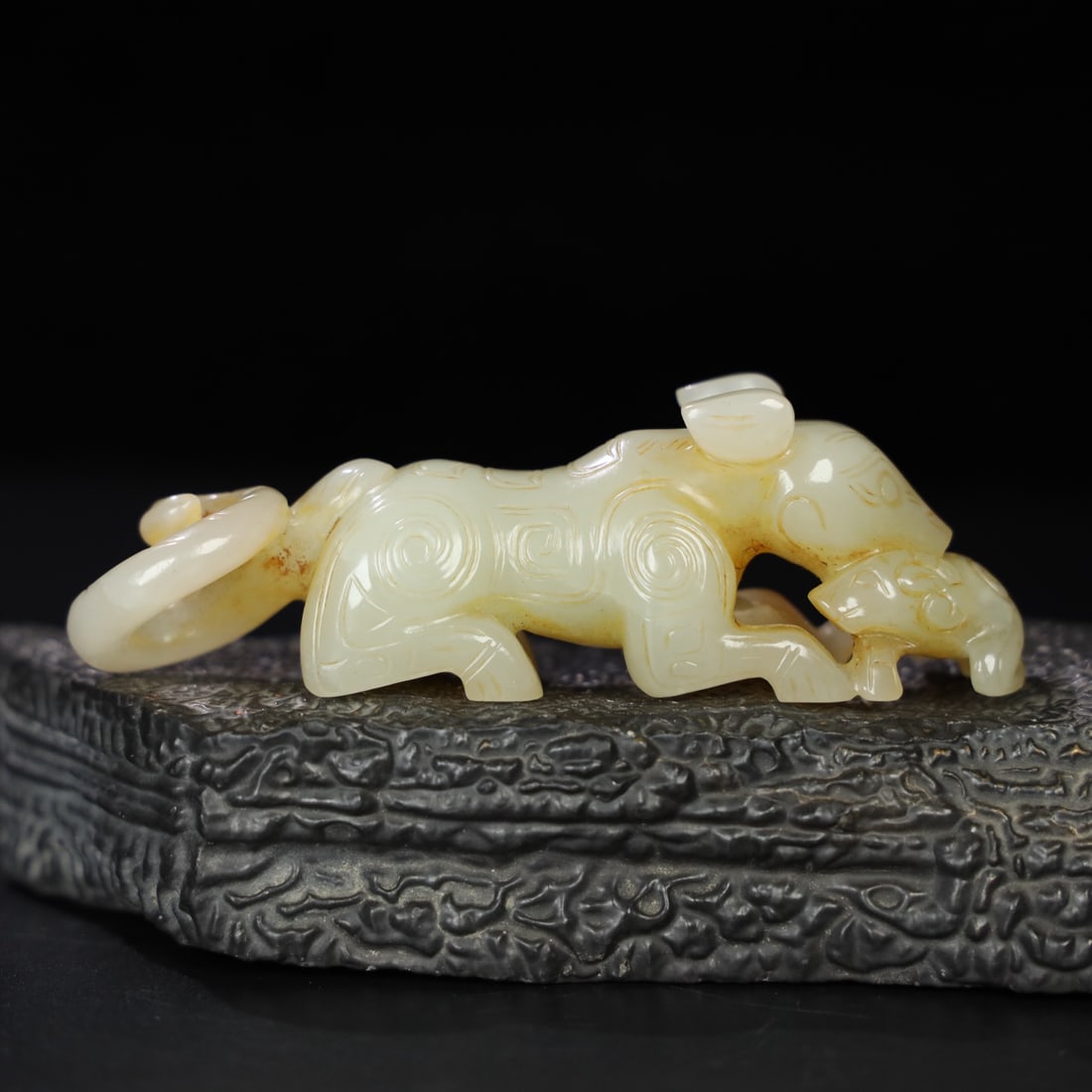 Chinese Natural Jade Carved tiger-eating beast: Size: Width 10.6 cm - Height 2.5 cm |Materials: Jade |Dynasty: Qing dynasty |Inscription: Qianlong Period |Object: tiger-eating beast