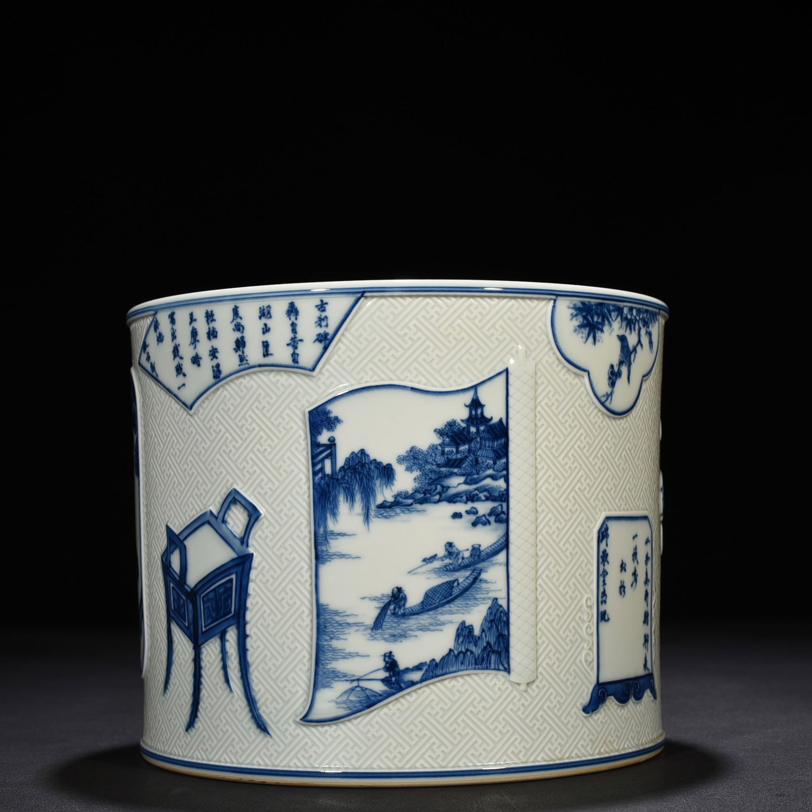 An Exquisite Chinese blue and white carved ancient poetry and flower pattern pen holder: Size: Height 21.5 cm - Width 17 cm |Materials: Porcelain |Dynasty: Qing dynasty |Inscription: Qianlong Mark |Object: pen holder