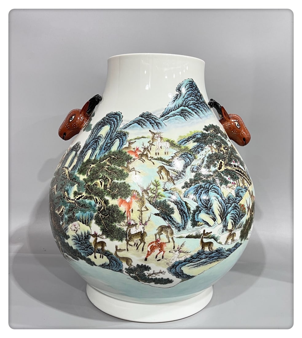 An Exquisite Chinese Pastel-colored deer-headed statue: Size: Height 49 cm - Width 41.7 cm |Materials: Porcelain |Dynasty: Qing dynasty |Inscription: Qianlong Mark |Object: vase