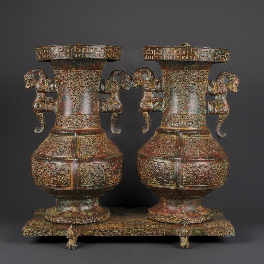 An Exquisite Chinese Bronze dragon ear double bottle (1 of 9)