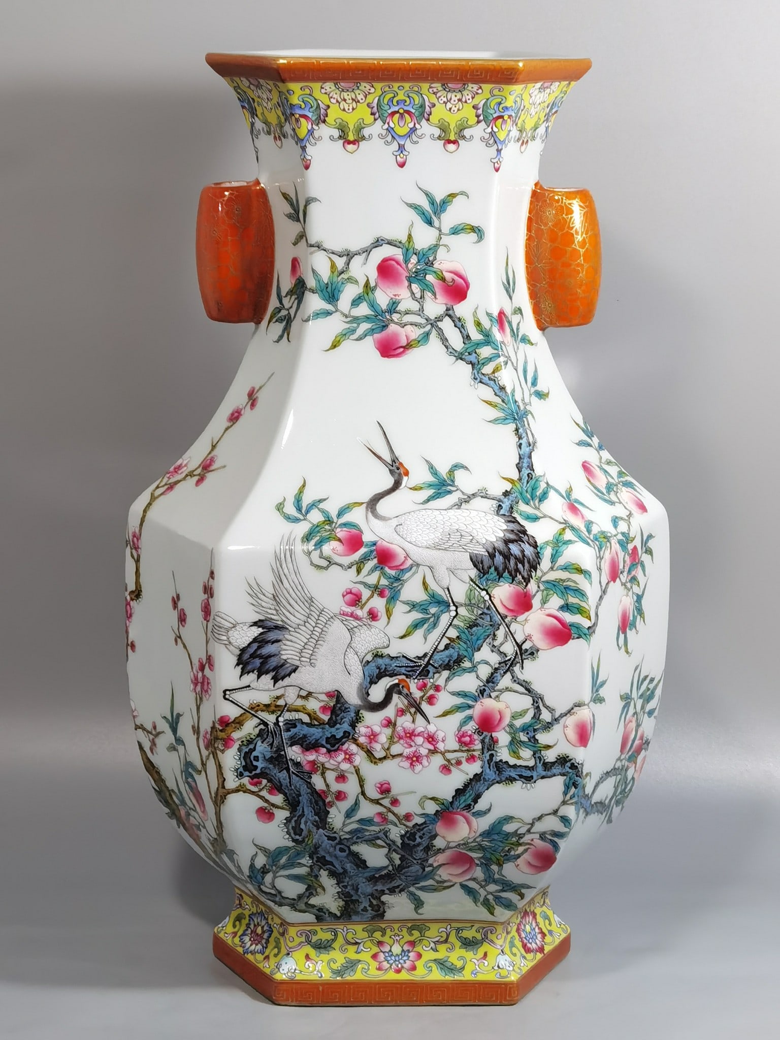 An Exquisite Chinese enamel double cranes with spring ears six-square vase: Size: Height 43 cm - Width 20.5 cm |Materials: Porcelain |Dynasty: Qing dynasty |Inscription: Qianlong Mark |Object: vase