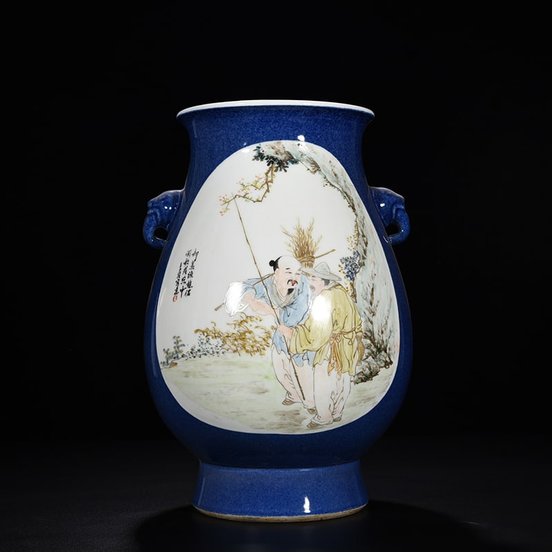 An Exquisite Chineseblue glaze consecrated light crimson colored figure of fish woodcutter: Size: Height 35 cm - Width 21 cm |Materials: Porcelain |Dynasty: Qing dynasty |Inscription: Republic Period |Object: amphora
