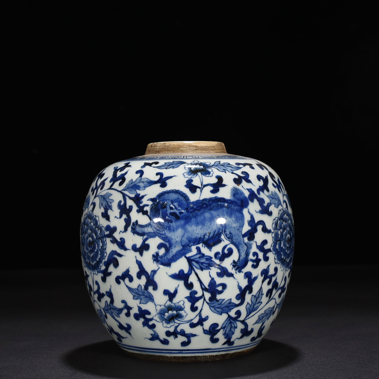 An Exquisite Chineseblue and white jar with branches and lion pattern: Size: Height 18 cm - Width 15 cm |Materials: Porcelain |Dynasty: Qing dynasty |Inscription: Qianlong Mark |Object: jar