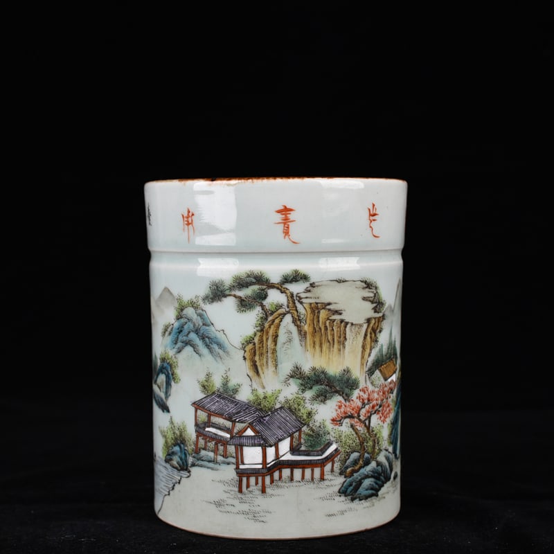 An Exquisite ChineseCollection Pastel Landscape Pen Holder: Size: Height 15.5 cm - Width 12.5 cm |Materials: Porcelain |Dynasty: Qing dynasty |Inscription: Republic Period |Object: pen holder