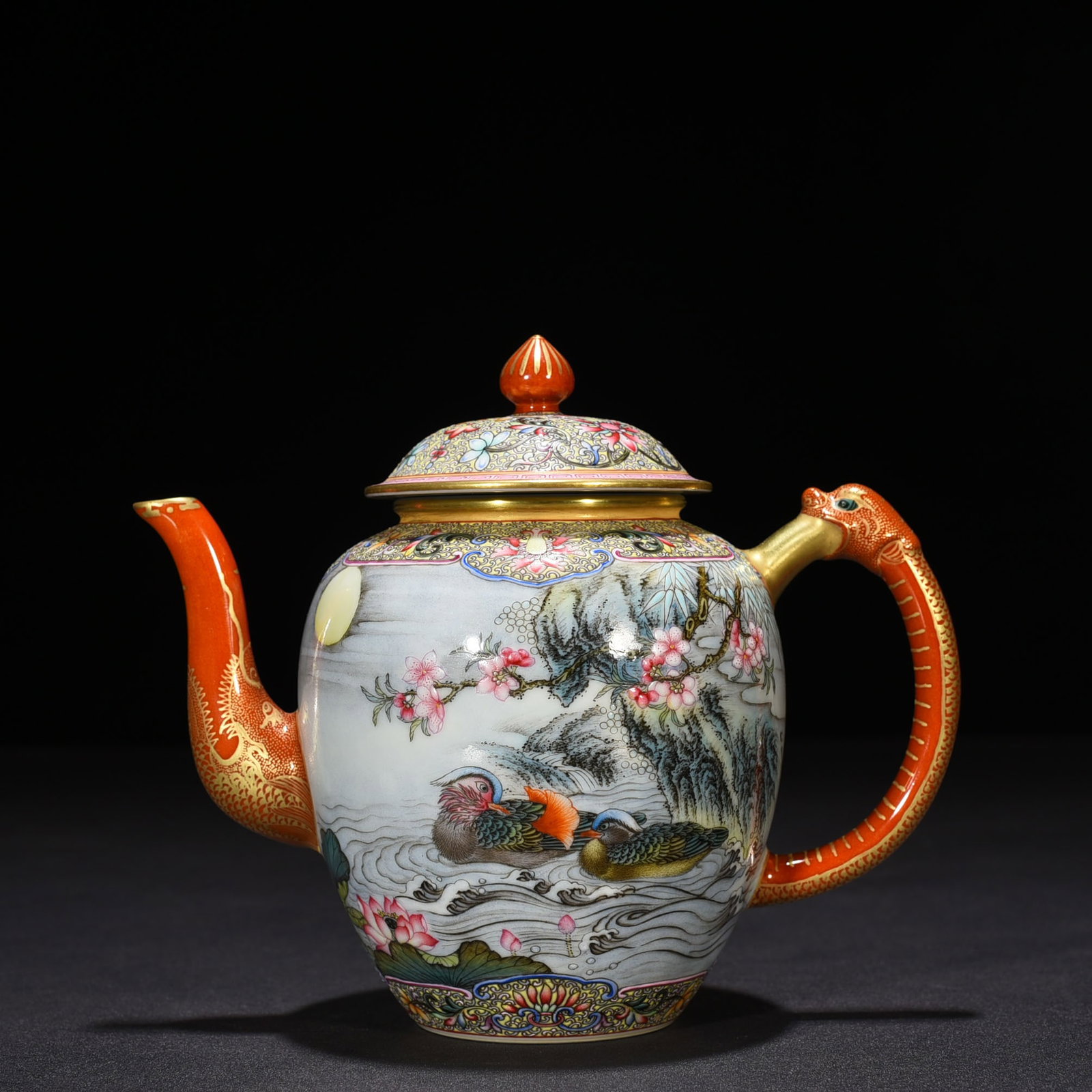 An Exquisite Chinese enamel colorful lotus pond pot with mandarin duck pattern: Size: Height 15 cm - Width 15 cm |Materials: Porcelain |Dynasty: Qing dynasty |Inscription: Yongzheng Mark |Object: teapot