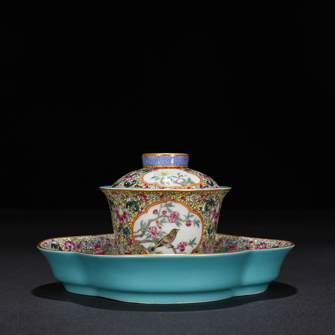 An Exquisite Chinese pastel flower and bird pattern covered bowl and holder: Size: Width 16 cm - Height 3 cm |Materials: Porcelain |Dynasty: Qing dynasty |Inscription: Yongzheng Mark |Object: bowl holder