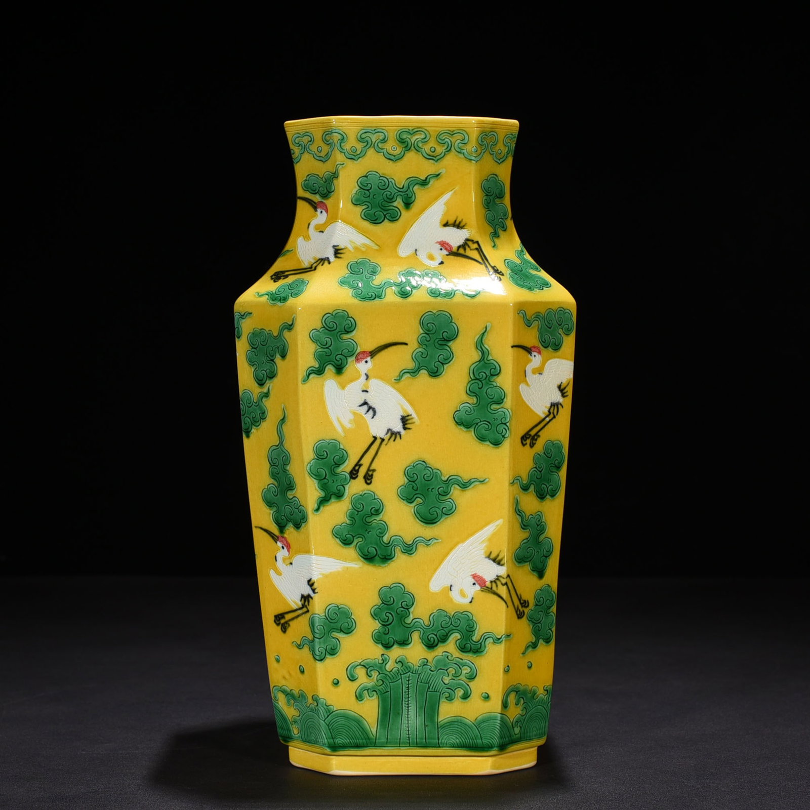 An Exquisite Chinese delicate yellow glazed plain three-color cloud and crane pattern square vase: Size: Height 30 cm - Width 16 cm |Materials: Porcelain |Dynasty: Qing dynasty |Inscription: Yongzheng Mark |Object: vase