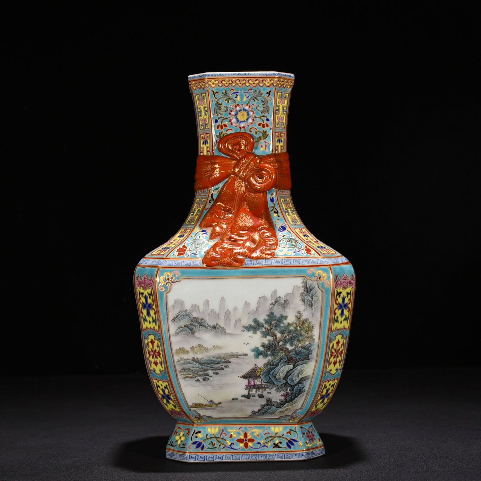 An Exquisite Chinese window enamel landscape ribbon square vase: Size: Height 35 cm - Width 20 cm |Materials: Porcelain |Dynasty: Qing dynasty |Inscription: Yongzheng Mark |Object: vase