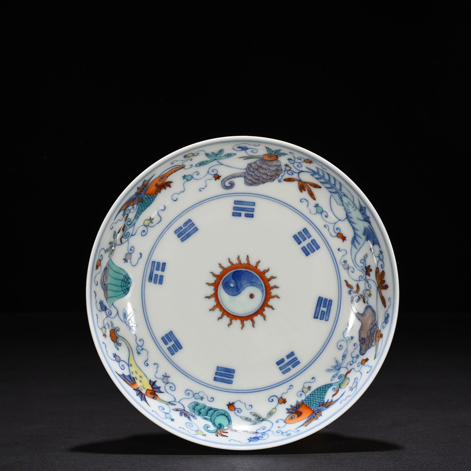 An Exquisite Chinese Doucai Bagua Pattern Disk: Size: Width 18.5 cm - Height 3.5 cm |Materials: Porcelain |Dynasty: Qing dynasty |Inscription: Yongzheng Mark |Object: plate