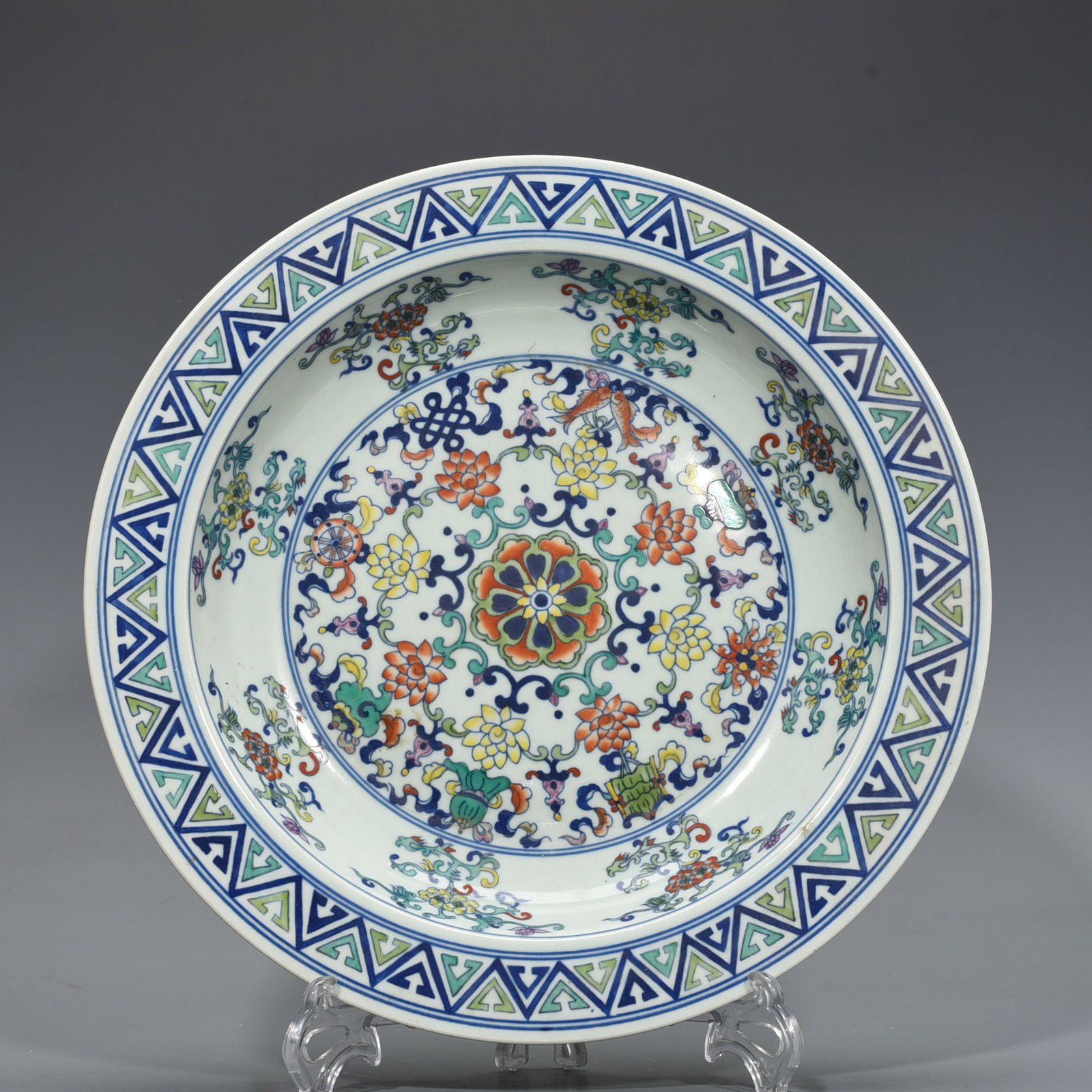 An Exquisite Chinese Doucai Eight Treasures Flower Pattern Folded Edge Plate: Size: Width 34.5 cm - Height 5.5 cm |Materials: Porcelain |Dynasty: Qing dynasty |Inscription: Yongzheng Mark |Object: plate