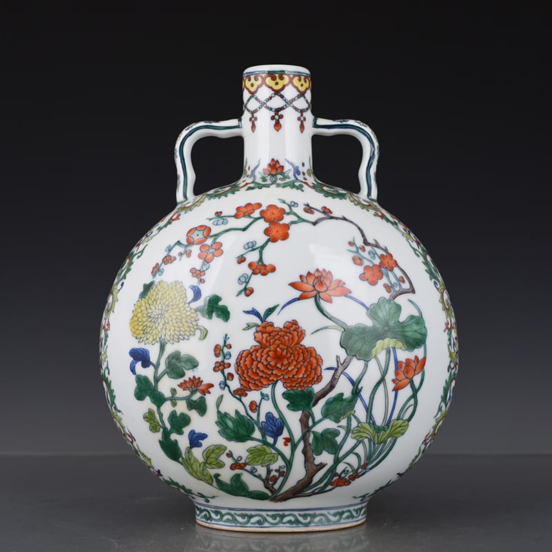 An Exquisite Chinese Doucai flat vase with four seasons flower pattern (1 of 9)