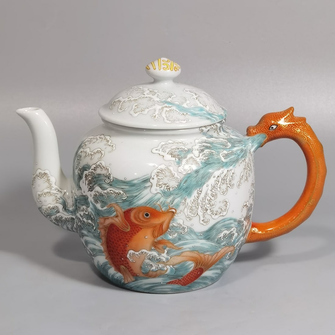 An Exquisite Chinese a pastel carp leaping over the dragon gate pot: Size: Height 12.3 cm - Width 10 cm |Materials: Porcelain |Dynasty: Qing dynasty |Inscription: Qianlong Mark |Object: pot