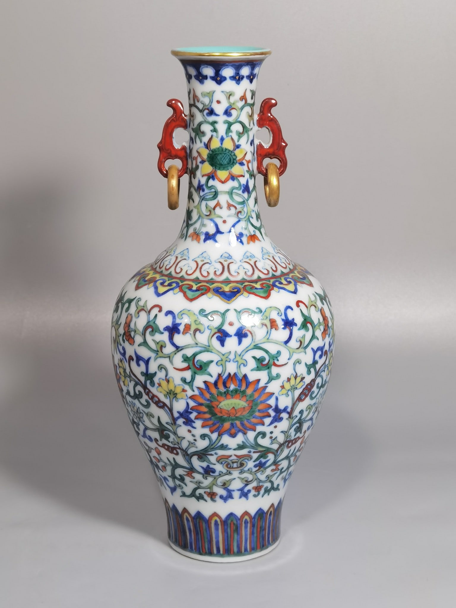 An Exquisite Chinese blue and white doucai lotus pattern hanging ring amphorae: Size: Height 22.5 cm - Width 10 cm |Materials: Porcelain |Dynasty: Qing dynasty |Inscription: Qianlong Mark |Object: amphora
