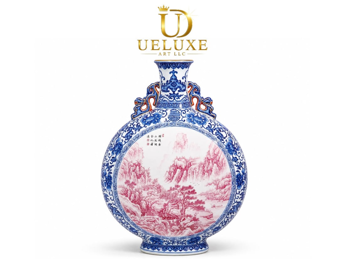 An Exquisite Chinese blue and white lotus with window enamel agate and red landscape bottle: Size: Height 57.5 cm - Width 43.5 cm |Materials: Porcelain |Dynasty: Qing dynasty |Inscription: Qianlong Mark |Object: bottle